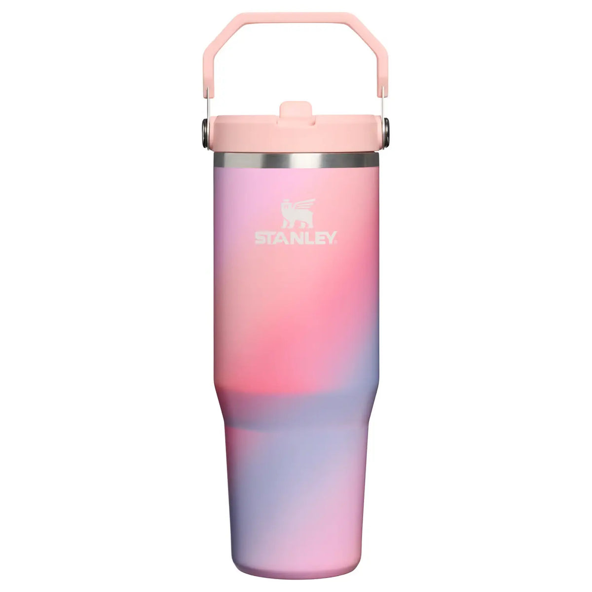 Stanley IceFlow Flip Straw 2.0 Tumbler 30 OZ in Sunset Spiral, front view with the flip handle up and Stanley logo