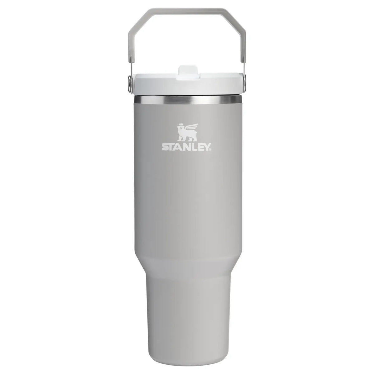 Stanley IceFlow Flip Straw 2.0 Tumbler 40 OZ in Ash, front view with the flip handle up and Stanley logo