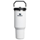 Stanley IceFlow Flip Straw 2.0 Tumbler 40 OZ in Chalk, front view with the flip handle up and Stanley logo