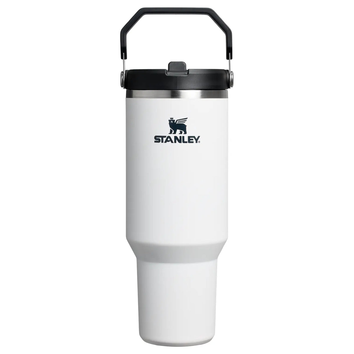 Stanley IceFlow Flip Straw 2.0 Tumbler 40 OZ in Chalk, front view with the flip handle up and Stanley logo