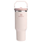 Stanley IceFlow Flip Straw 2.0 Tumbler 40 OZ in Rose Quartz, front view with the flip handle up and Stanley logo