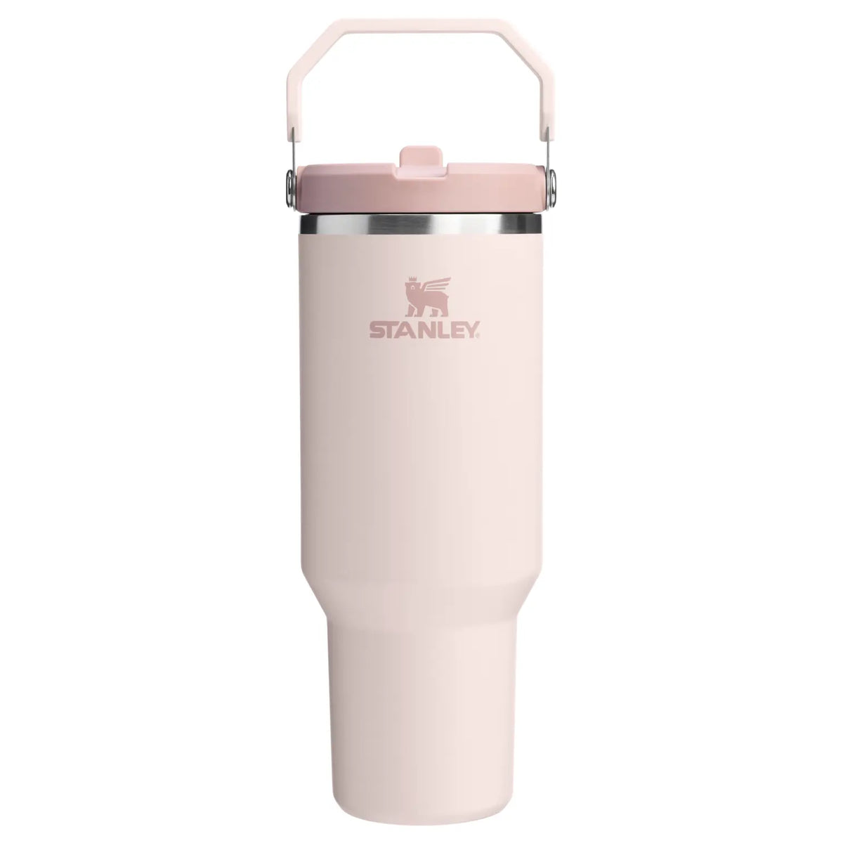 Stanley IceFlow Flip Straw 2.0 Tumbler 40 OZ in Rose Quartz, front view with the flip handle up and Stanley logo