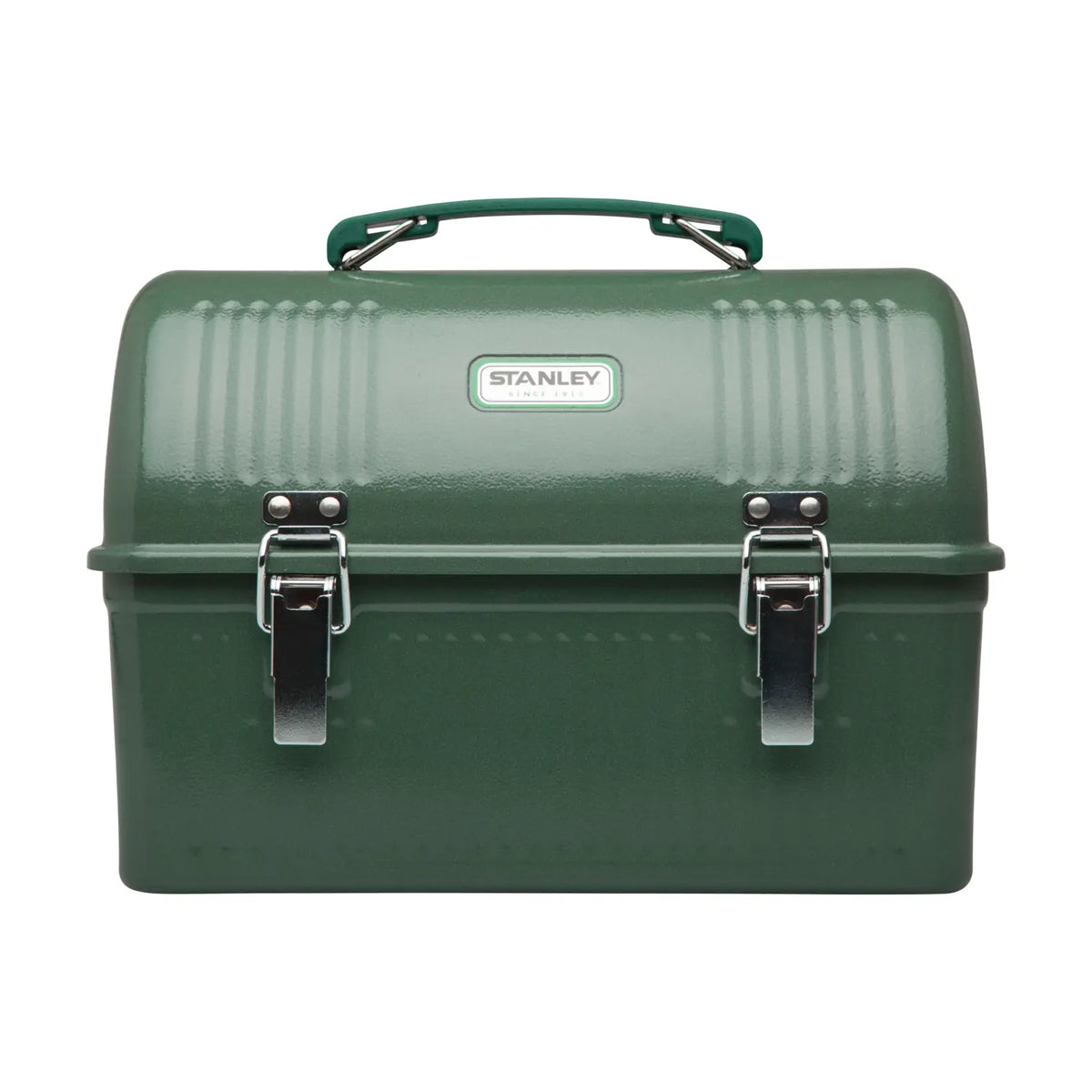 Stanley Legendary Classic Lunch Box 10 QT in Hammertone Green, front view with latches closed