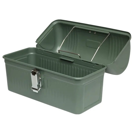 Stanley Legendary Classic Lunch Box 5.5 QT in Hammertone Green, open showing the interior and wire lid supports