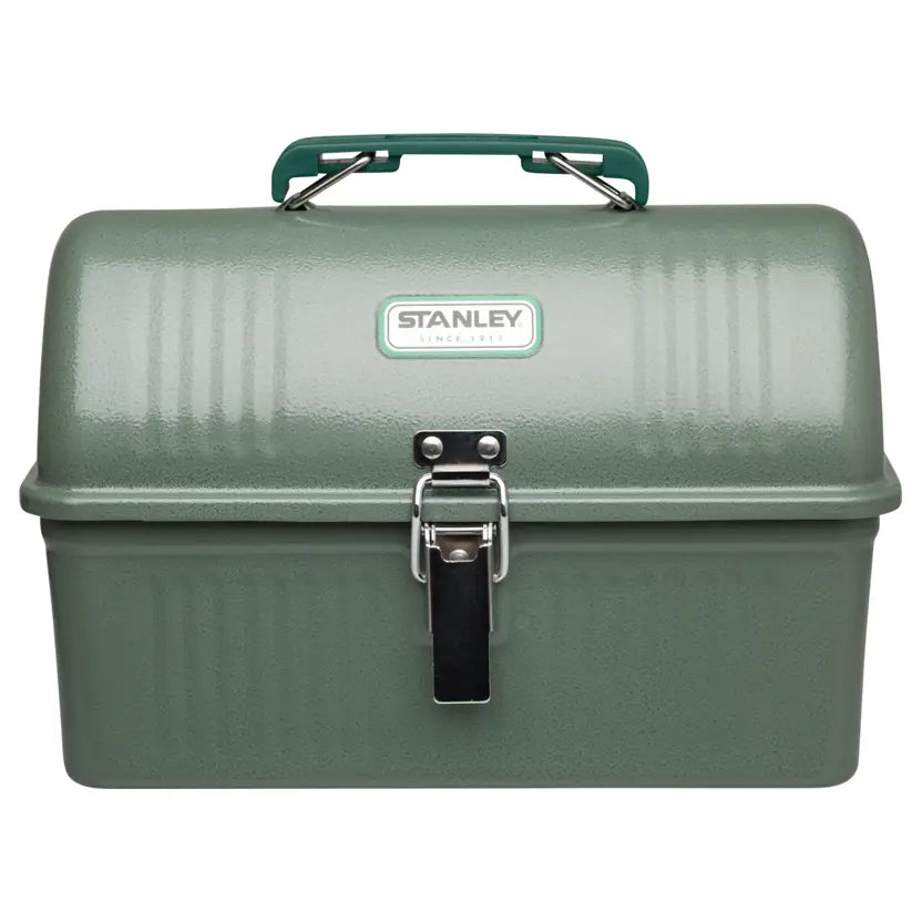 Stanley Legendary Classic Lunch Box 5.5 QT in Hammertone Green, front view with latch, handle and Stanley badge