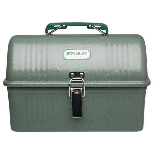 Stanley Legendary Classic Lunch Box 5.5 QT in Hammertone Green, front view with latch, handle and Stanley badge