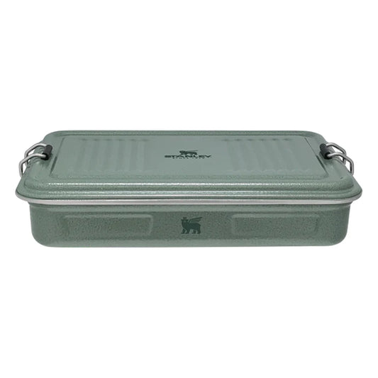 Stanley Legendary Classic Lunch Box front hero on white background showing closed box in hammertone green enamel finish with ribbed lid texture, Stanley logo on top, bear icon embossed on front, and stainless steel bail latches on both sides