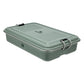 Stanley Legendary Classic Lunch Box three-quarter angle view on white background showing closed box in hammertone green enamel with ribbed lid, Stanley logo, bear icon on front face, and stainless steel bail latches on each side