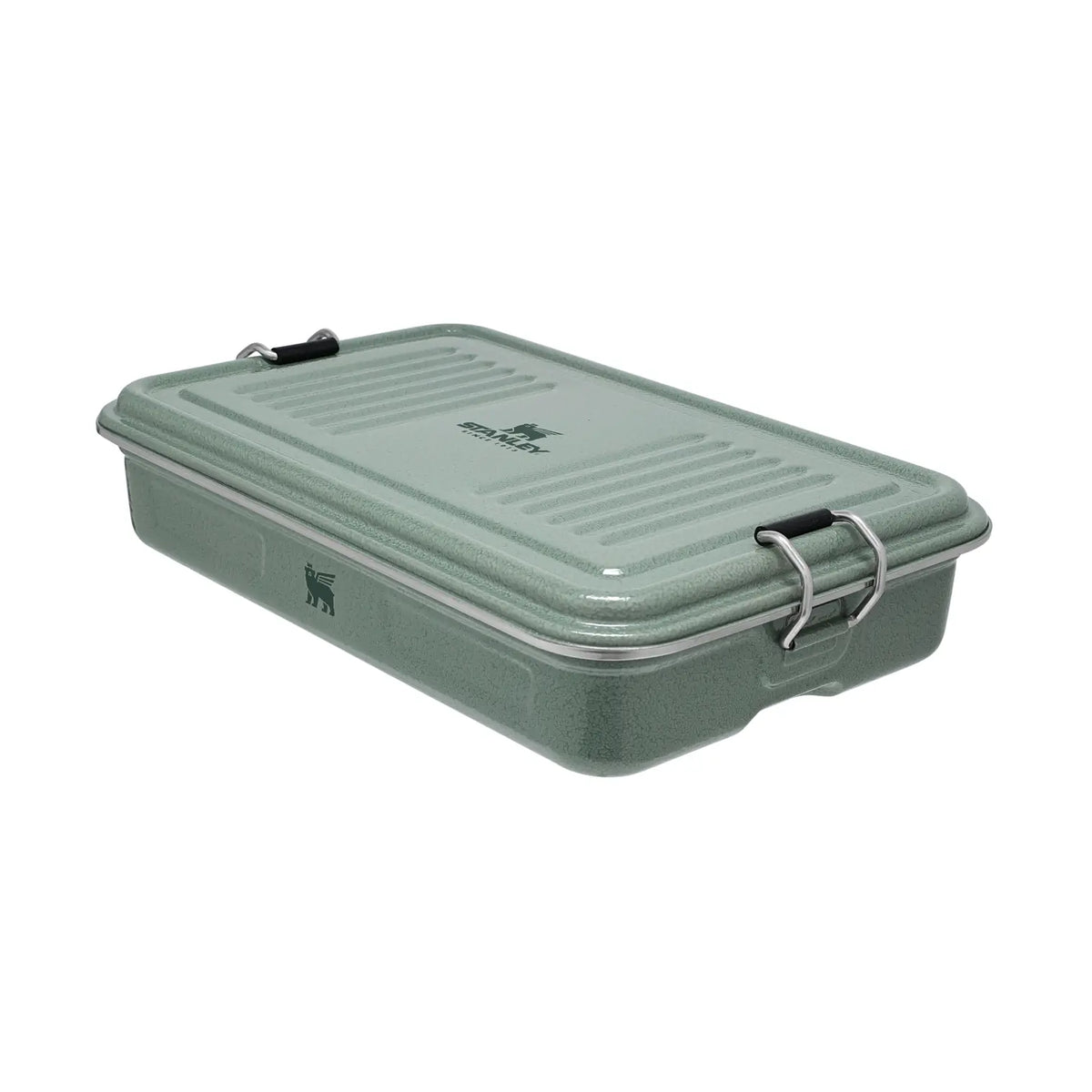 Stanley Legendary Useful Box 1.25 QT in Hammertone Green, angled view with lid closed