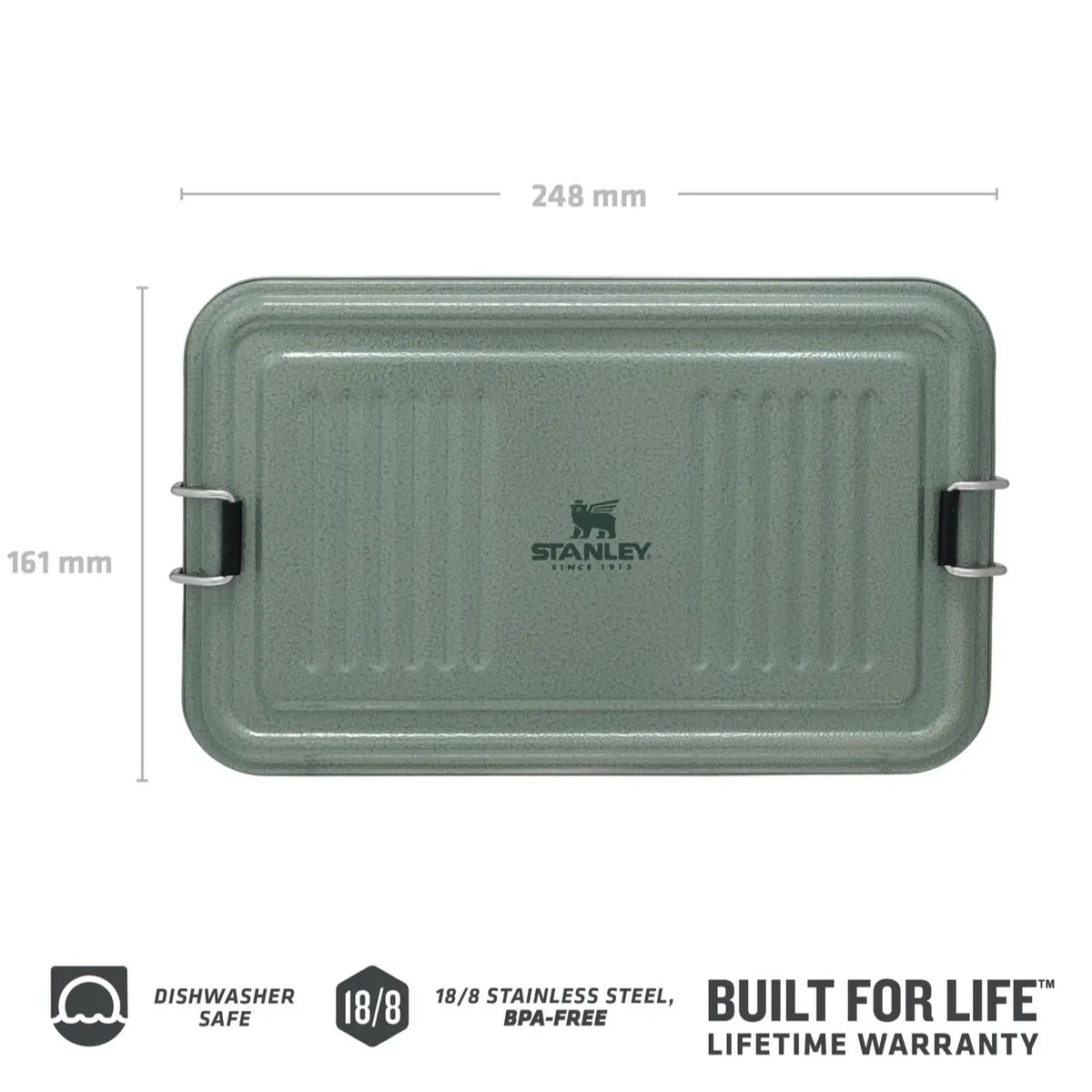 Stanley Legendary Useful Box 1.25 QT dimensions: 248 mm by 161 mm, dishwasher safe, 18/8 stainless steel