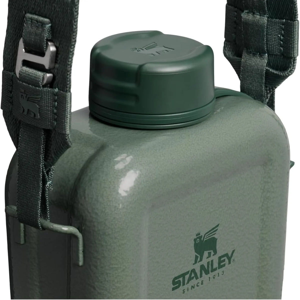 Close-up of the Stanley Next X Nature Canteen’s screw cap and strap hardware