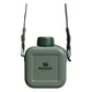 Stanley Next X Nature Canteen in Hammertone Green front view hanging from an adjustable nylon shoulder strap on white background, showing square hammertone green enamel body with Stanley Since 1913 winged bear logo, green screw-top cap with tether cord, and strap attachment points on both sides