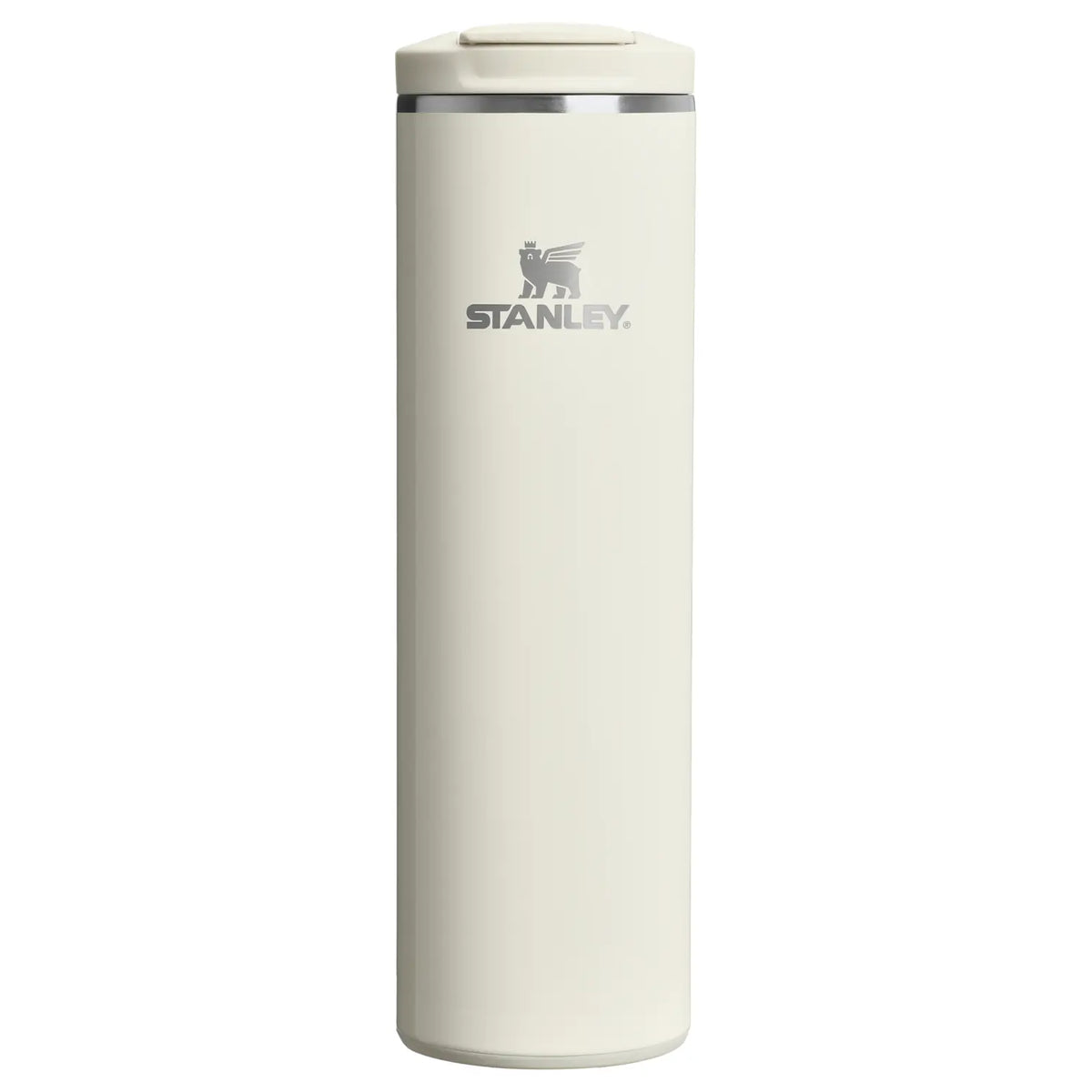 Stanley Transit FlipTop Mug 20 OZ in Cream Gloss, front view with Stanley logo and flip-top lid