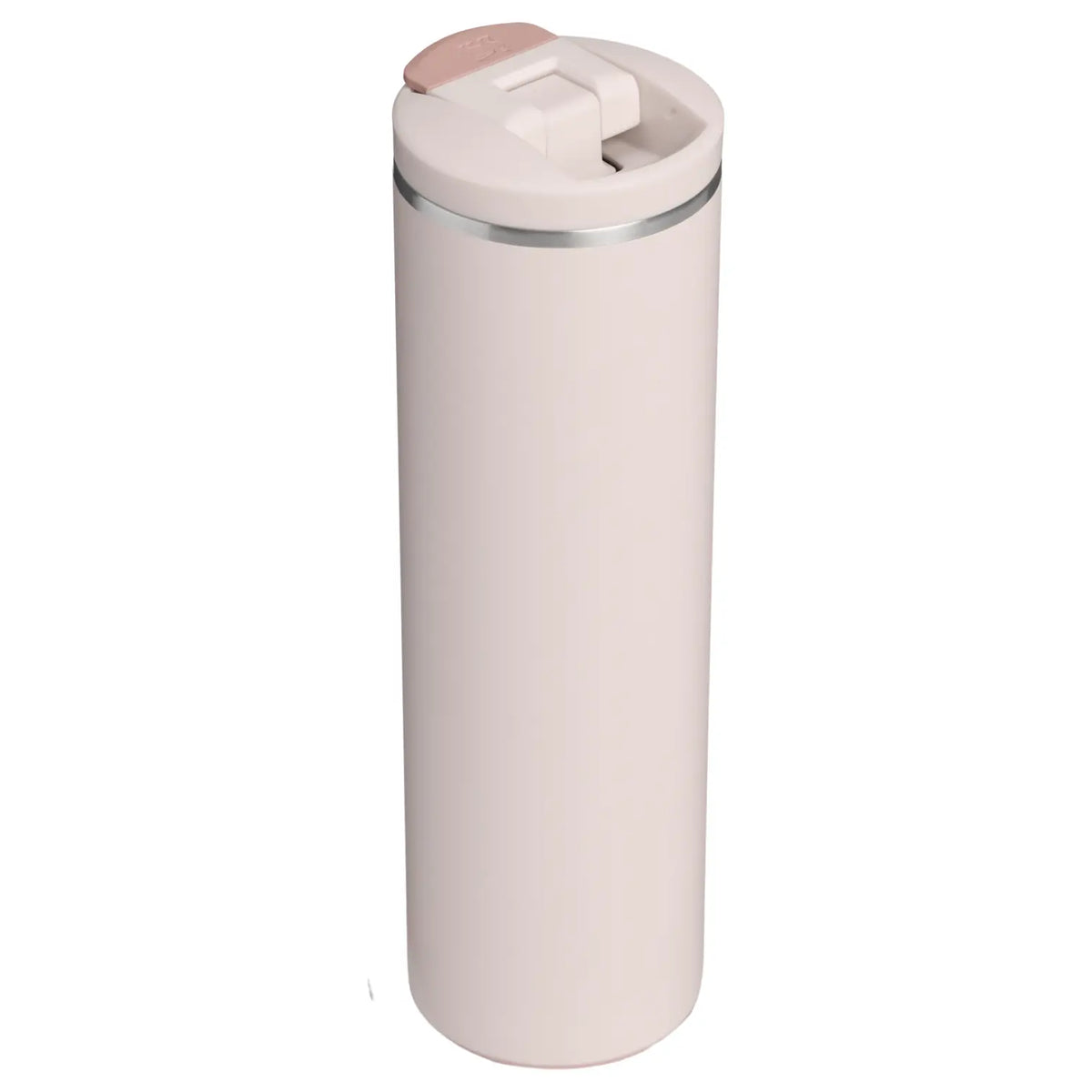 Stanley Transit FlipTop Mug 20 OZ in Rose Quartz, angled back view with the flip-top lid open