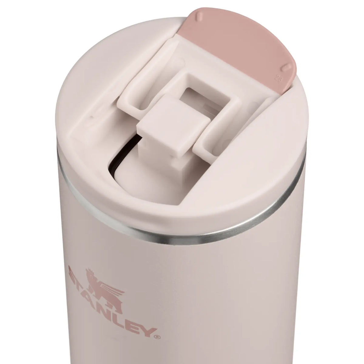 Stanley Transit FlipTop Mug 20 OZ in Rose Quartz, close-up of the open flip-top lid and drink opening