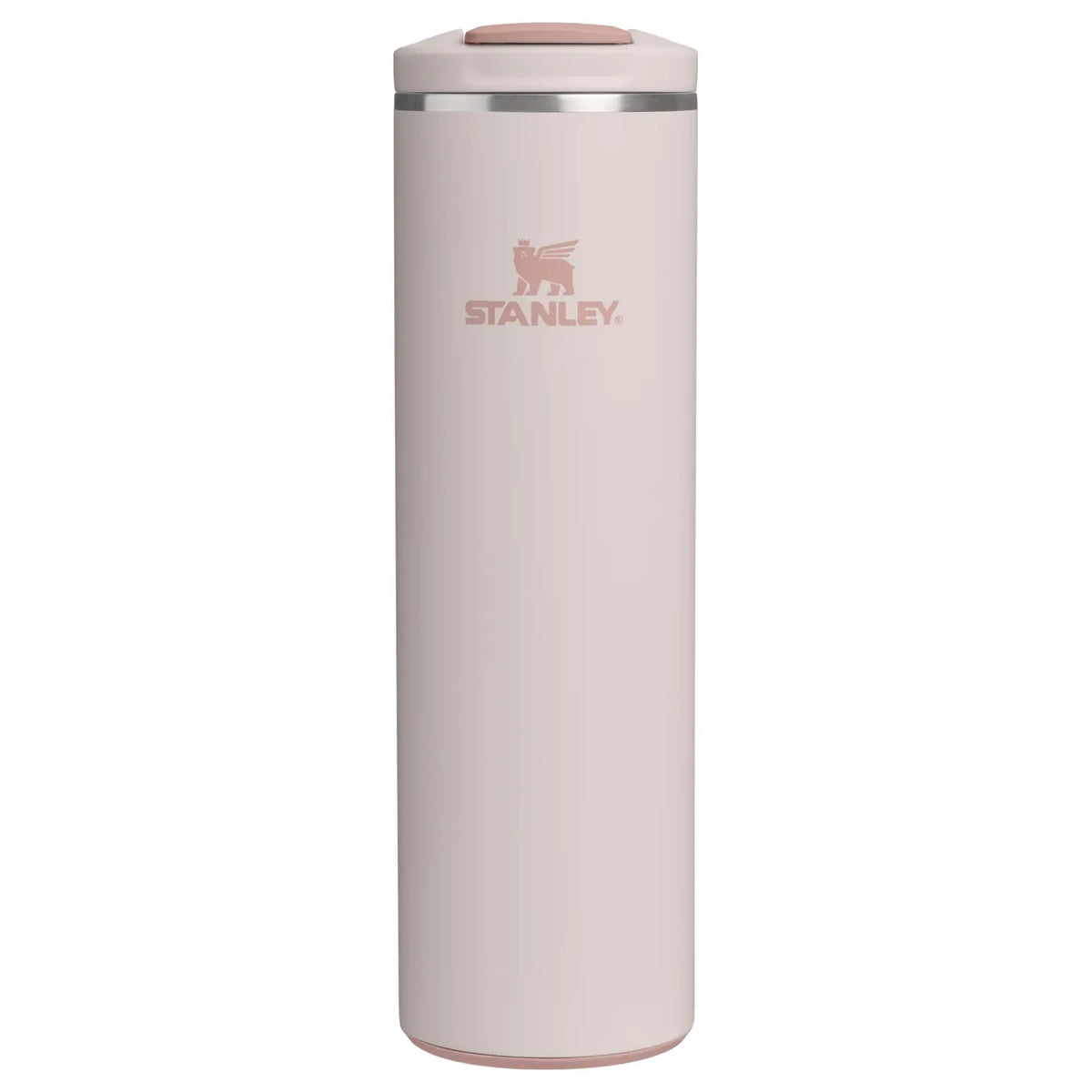Stanley Transit FlipTop Mug 20 OZ in Rose Quartz, front view with Stanley logo and flip-top lid