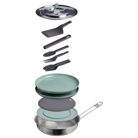 Stanley Wildfare Core Fry Pan Cookset 1 QT exploded view of the pan, lid, plates and utensils