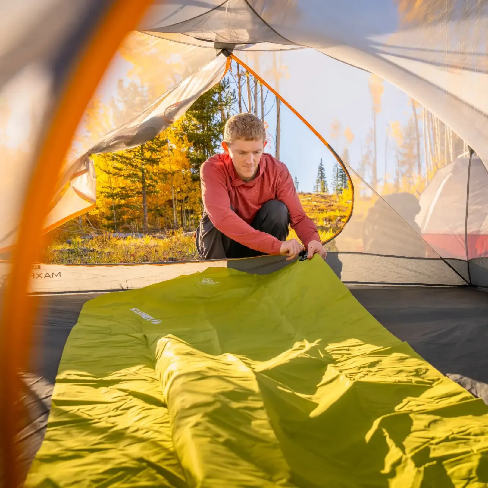 Klymit Static V Summit Double sleeping pad set up inside camping tent