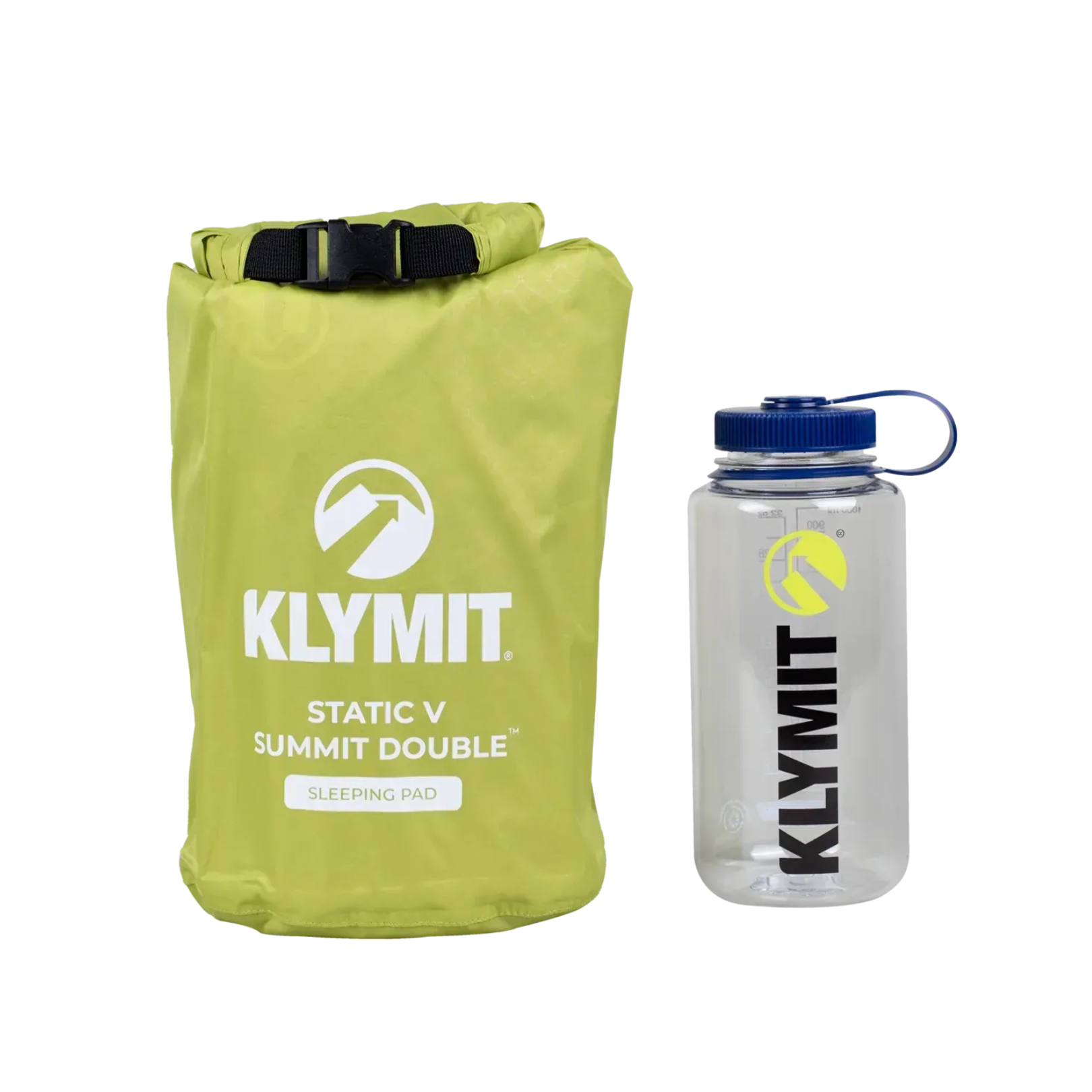 Klymit Static V Summit Double sleeping pad packed next to water bottle for size comparison