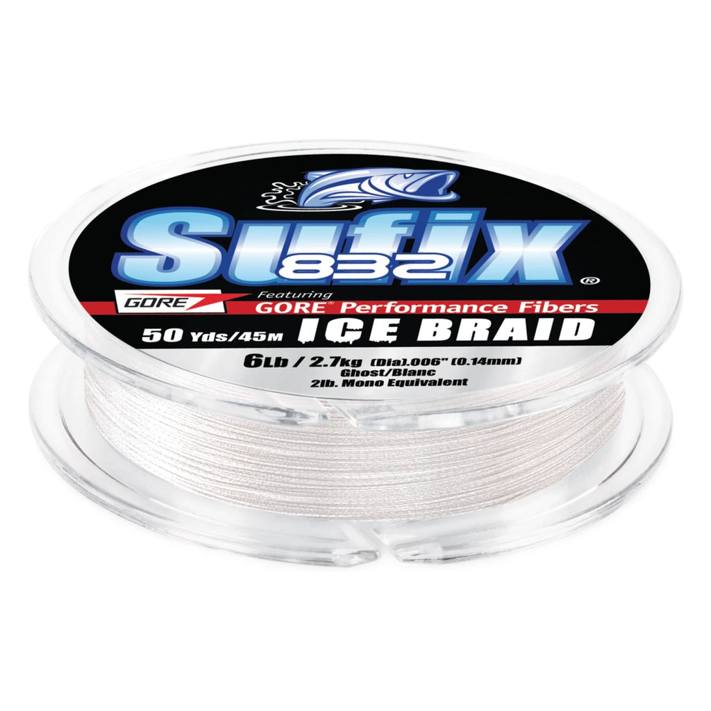 Sufix 832 Ice Braid fishing line spool, 50 yds 6 lb ghost white, with Gore performance fibers