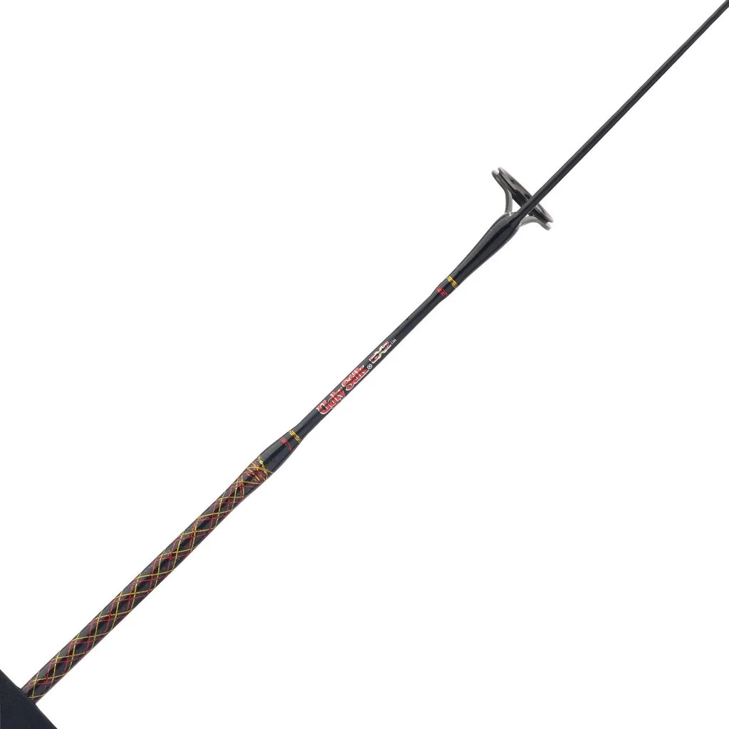 Ugly Stik GX2 ice spinning rod blank close-up showing Ugly Stik GX2 logo, thread wrap and line guide