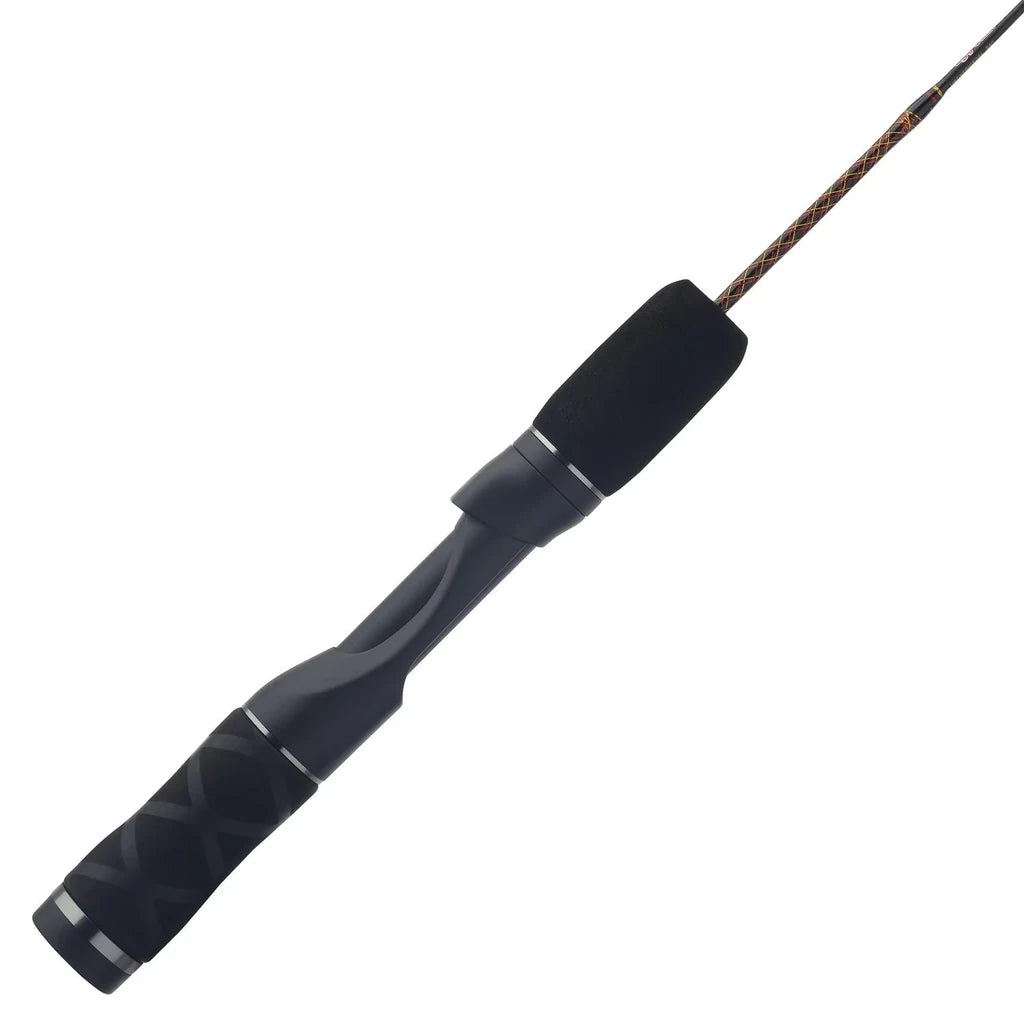 Ugly Stik GX2 ice spinning rod close-up of black foam handle with gray accent rings and graphite blank
