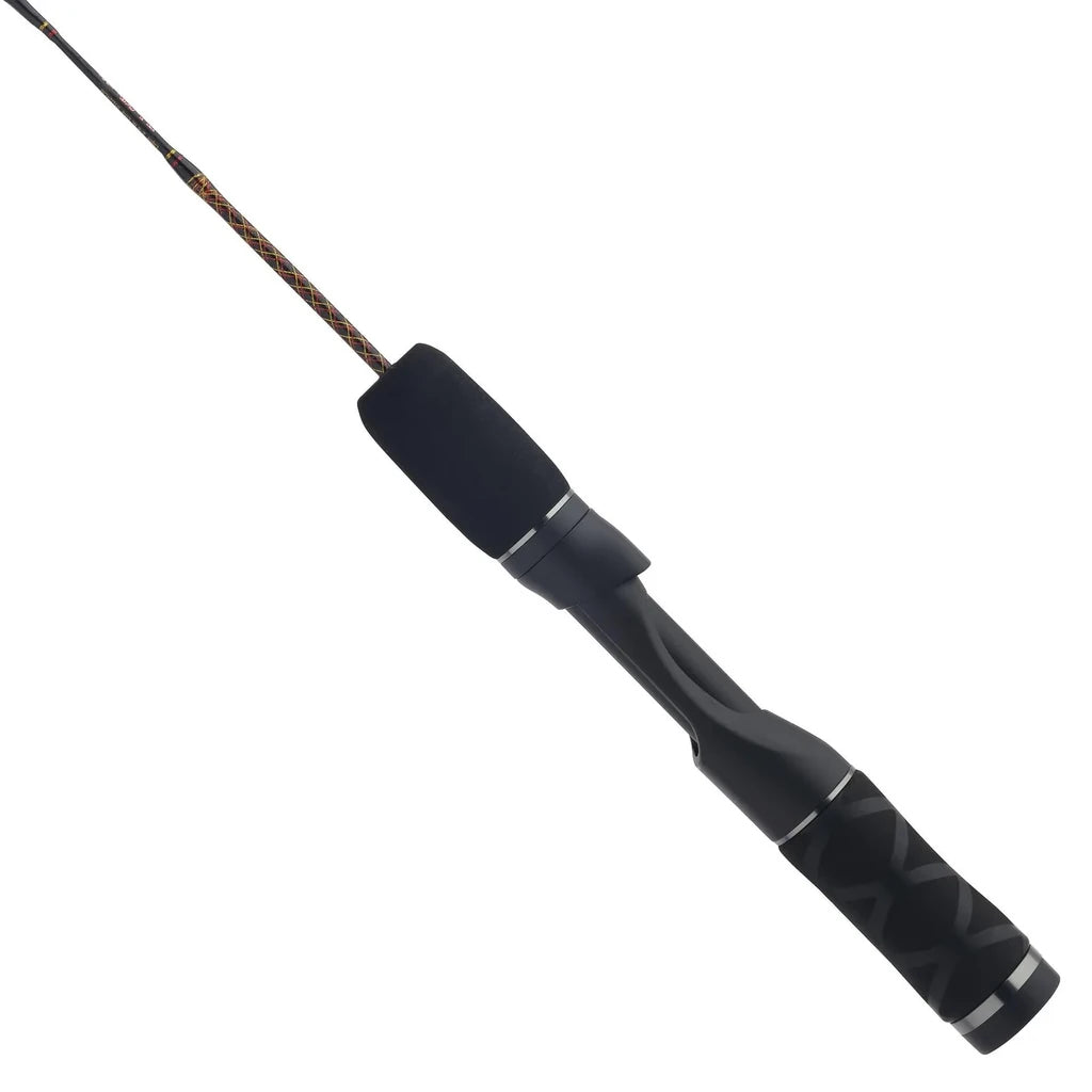 Ugly Stik GX2 ice spinning rod side view of foam handle with red and gold thread wrap on the blank
