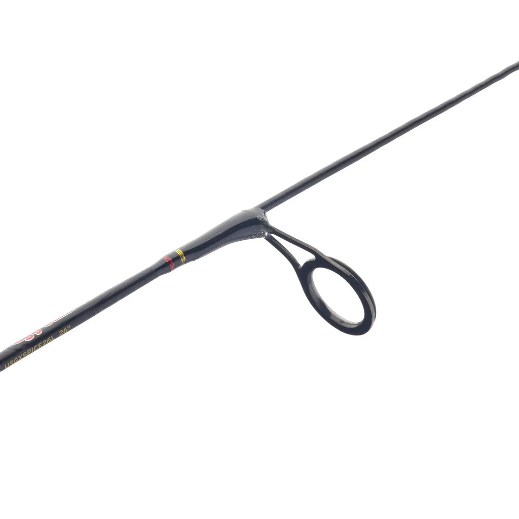 Ugly Stik GX2 26 inch light ice spinning rod close-up of black line guide and model number on the blank
