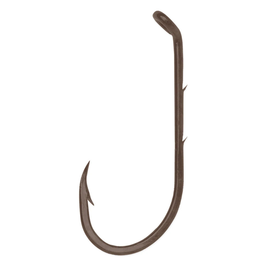 VMC baitholder fishing hook in bronze finish with two barbs on the shank and an eyelet